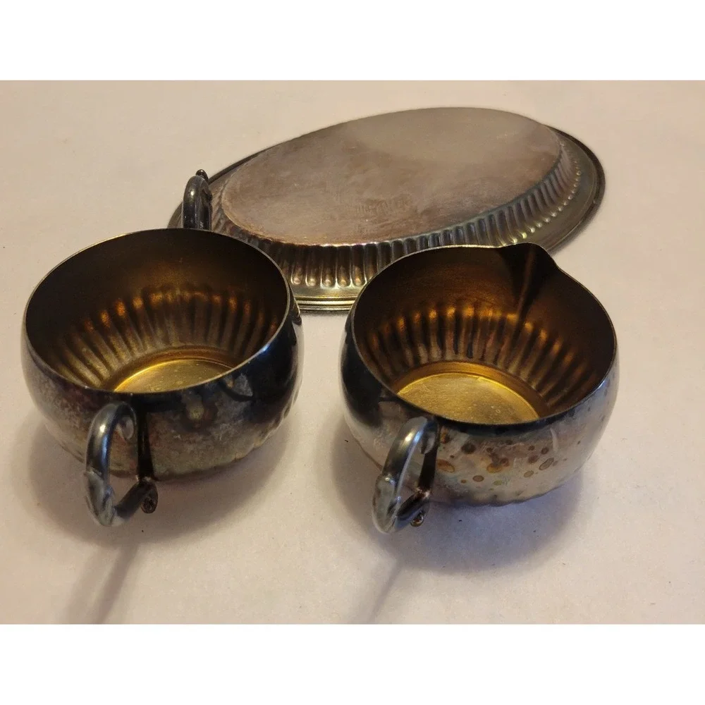 Vtg Oneida‎ Creamer Sugar Tray Set Silver Regency Tea Service MCM Tarnished